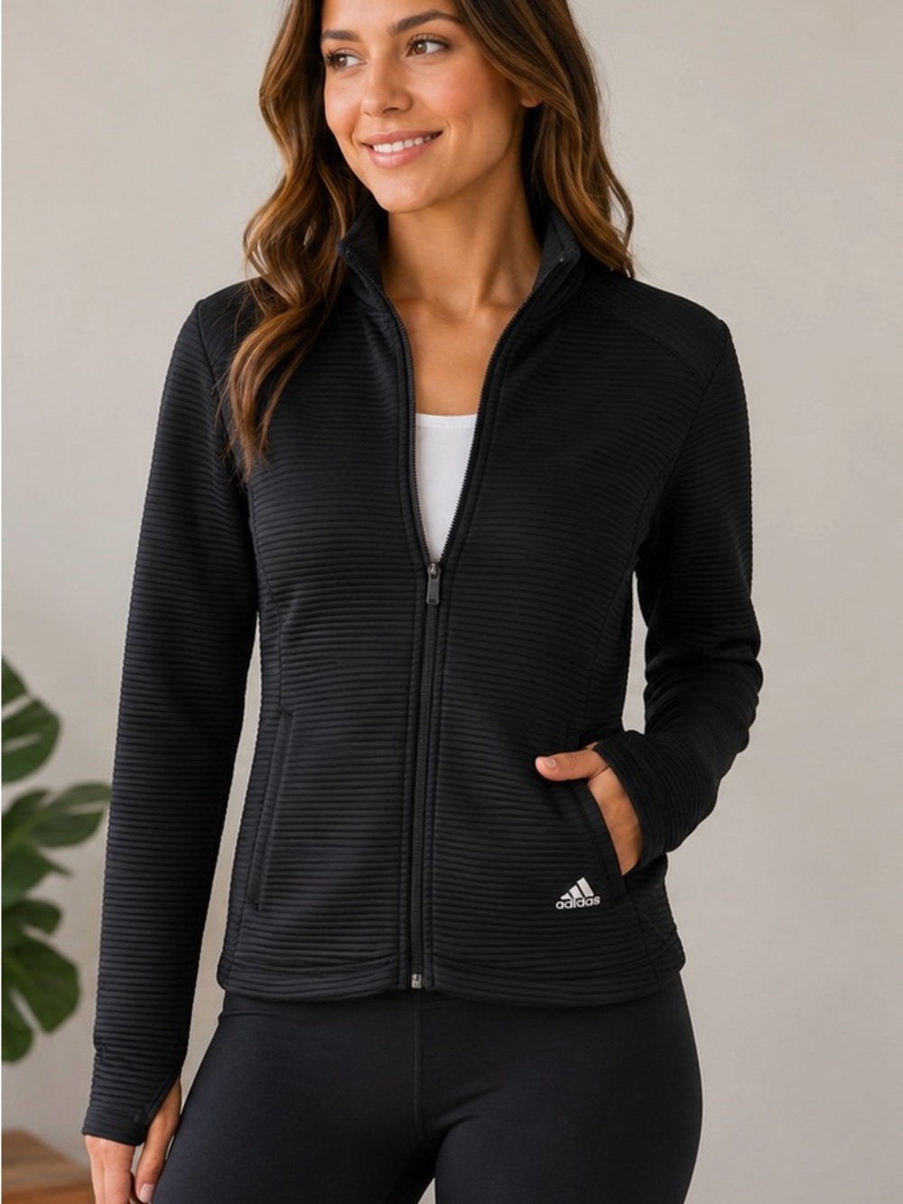 adidas Women's Ribbed Full-Zip Golf Jacket - Black Sz M